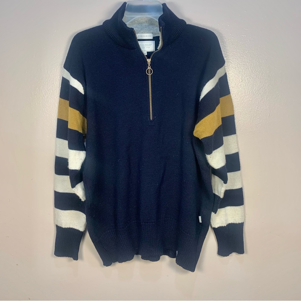 Petegrine England Stripe Sleeve 100% Wool Half Zip Pullover Sweater